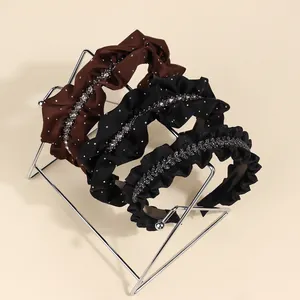 Elegant Ruffled Satin Headband For Women With Rhinestones Sparkly Wide Hair Band Korean Style Fashion Hair Accessories