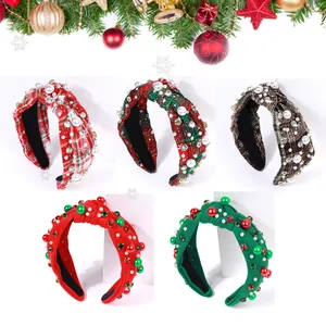 Christmas Plaid Knotted Headband For Women Wide Brim Hair Band With Faux Artificial Pearl Rhinestone Snowflake Festive Hair Accessories