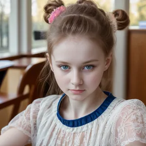 Primer plano de una niña con coleteros de punto coloridos y de alta elasticidad