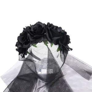 Detail of gothic black rose headpiece with layered sheer mesh veil for Halloween