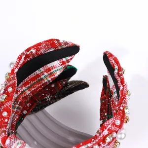 Red plaid tweed Christmas headband with white pearls and sparkling rhinestones