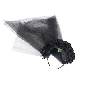 Gothic Halloween headpiece with black roses and delicate mesh veil for party dress-up