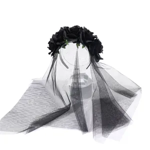 Gothic Halloween headband with black roses and delicate mesh veil for party dress up