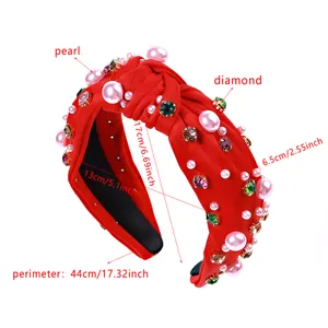 Baroque red twisted headband with colorful rhinestones and faux pearls for women
