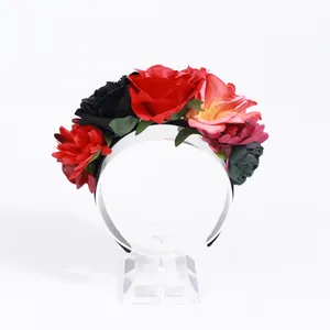 Cerchietto vintage per Halloween con rose e garofani artificiali colorati su base nera