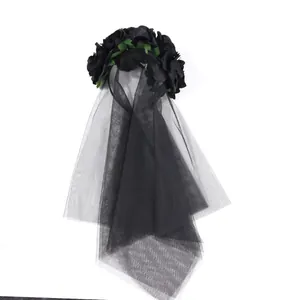 Gothic Halloween headband featuring black artificial roses and double-layer mesh veil