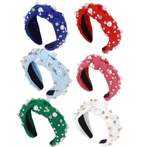 Artificial Baroque Pearl Rhinestone Knotted Fabric Headband For Women Wide Brim Vintage Hair Band Fashion Hair Accessories