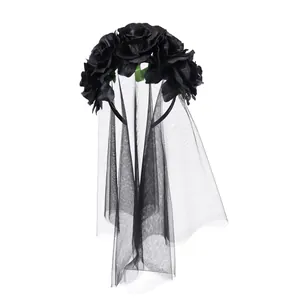 Gothic Halloween Black Rose Flower Veil Headband For Women Wedding Party Mesh Long Veil Costume Hair Accessory