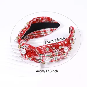Red plaid knotted headband with white pearls and sparkling rhinestones Christmas hair accessory