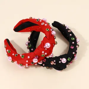 Baroque knotted headbands with colorful rhinestones and pearls in red and black