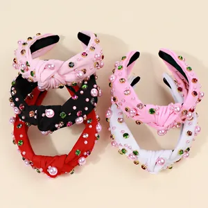 Knotted headbands with pearls and crystals in pink, black, red and white colors