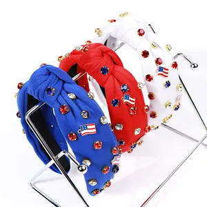 US Flag Rhinestone Knotted Wide Headband Fabric Knot Hair Band For Women Patriotic Independence Day Fashion Hair Accessories