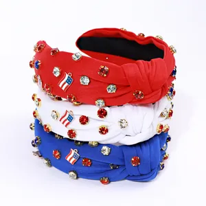 Three-piece knotted rhinestone headbands set with US flag charms in red white and blue