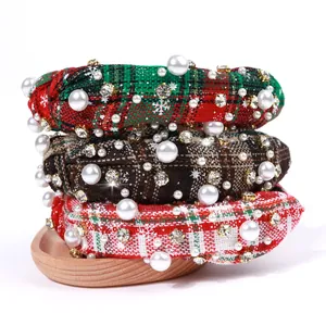 Three Christmas knotted headbands with plaid patterns, pearls, and sparkling rhinestones