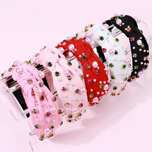 Baroque Knotted Wide Headband With Imitation Pearls And Rhinestones For Women Wedding Valentine's Day Hair Accessories
