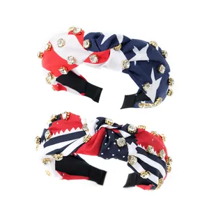Serre-Tête Noué en Strass Drapeau Américain Patriotique Étoiles et Rayures Bandeau pour Fête du Quatre Juillet Jour de l'Indépendance Femmes