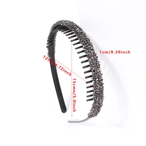 Serre-tête noir élégant avec cristaux et dents de peigne, taille 15cm x 12cm pour femme