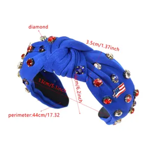 Knot headband with American flag patch and colorful rhinestones on blue textured fabric