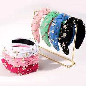 Women Fashion Wide Knotted Headband With Camellia Flower Rhinestone Imitation Pearl Retro Fabric Hair Accessory For Party