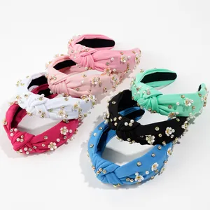 Fashion knotted headbands with camellia flowers, pearls and rhinestones in seven colors