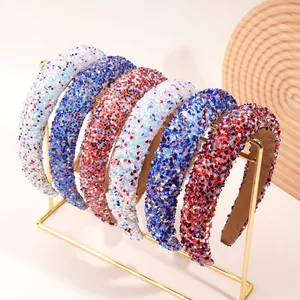 Diadema Ancha Acolchada de Moda para Mujer con Lentejuelas Patrióticas Rojo Blanco Azul Estrella Brillante Cinta para Pelo Fiesta Independencia