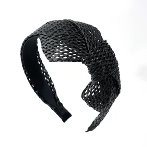 Serre-tête bohème noir en raphia avec nœud et motif de grille tissée pour femmes