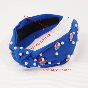 Detailed dimensions of blue knotted headband with pearls and American flag heart charms