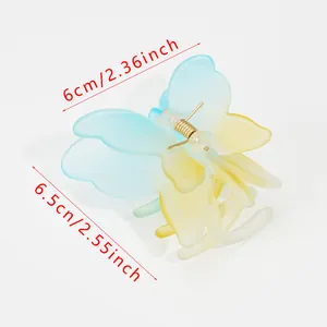 Pince à cheveux papillon dégradé bleu et jaune de 6,5 cm sur fond blanc minimaliste