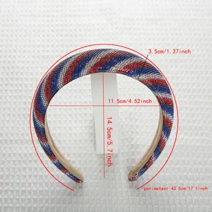Detailed size chart showing dimensions of the sponge headband with red white blue rhinestones