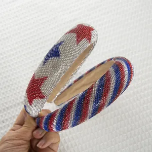 Women Padded Rhinestone Headband Red White Blue Star Stripe Wide Sponge Headband Independence Day Party Hair Accessories