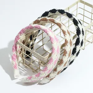 Vintage Plaid Crochet Knit Headband For Women French Style Wide Soft Woolen Hair Hoop Sweet Checkerboard Hair Accessories