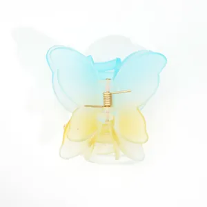 Pince à cheveux papillon dégradé bleu et jaune avec finition mate sur fond blanc