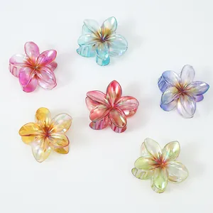 Detailansicht von 6 bunten Frangipani-Haarklammern aus Harz mit schillerndem Perlmuttglanz