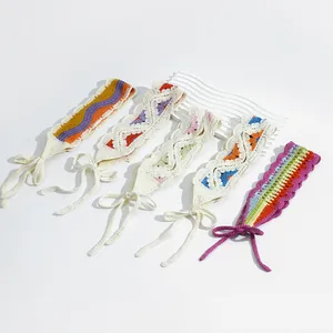 Ethnic handmade crochet headband set with colorful floral patterns and adjustable ties