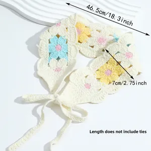 Detail of crochet floral headscarf with ties showing size 46.5cm length excluding ties