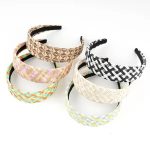 Bohemian Raffia Woven Wide Headband For Women Colorful Plaid Geometric Pattern Summer Beach Vacation Fashion Hair Accessories