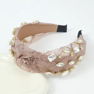 Serre-tête large à nœud élégant en résille champagne avec paillettes et strass