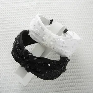 Cerchietti per capelli in rete con paillettes e nodo nero e bianco per donne stile elegante