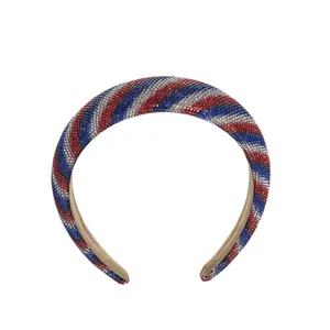 Red white blue rhinestone padded headband with USA flag color striped crystal pattern