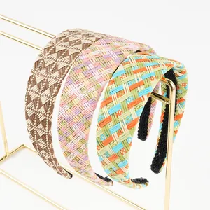 Handmade raffia headband set with checkered patterns and woven bohemian style
