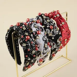 Halloween Knotted Headband Skull Spider Web Rhinestone Artificial Pearl Gothic Festive Hair Accessory For Women Party Dress Up