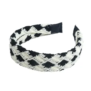 Vintage crochet checkered headband with black and white diamond knit pattern for women