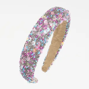 Rainbow padded headband with colorful sequins, seed beads, and smiley faces for women