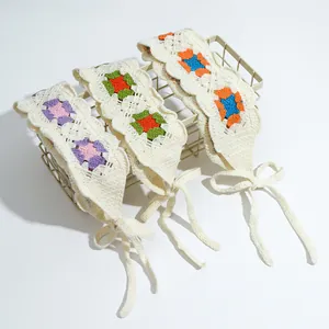 Three-piece floral crochet bandana set with adjustable ties in sweet ethnic style