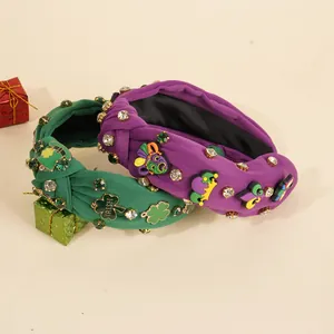 Cerchietto in Tessuto Annodato da Donna con Strass San Patrizio Trifoglio Mardi Gras Maschera Accessorio Capelli Festa