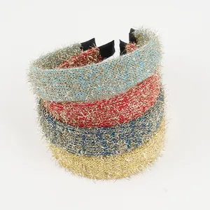 Sparkly wide knit headbands set in blue red navy and yellow with glitter tinsel finish