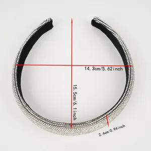 Detailed size specifications for wide rhinestone headband with silver crystal dimensions