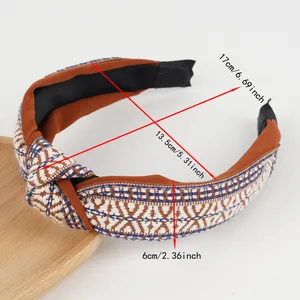 Detail showing dimensions of retro geometric embroidered knotted headband with 6cm width