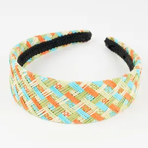 Colorful raffia braided wide headband with bohemian plaid pattern and non-slip lining