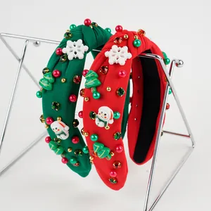 Serre-tête Noué de Noël pour Femmes Strass Perlé Tissu Bandeau avec Bonhomme de Neige Sapin de Noël Flocon de Neige Accessoires Cheveux